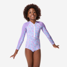 Girls' surfing long sleeve UV-protection 1-piece swimsuit, Loulou stripes mauve Girls' surfing long sleeve UV-protection 1-piece swimsuit, Loulou stripes mauve