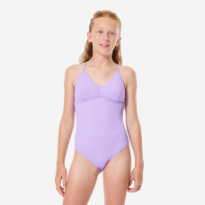 Girls' surfing lurex 1-piece swimsuit with crossed straps, Caly zuma purple Girls' surfing lurex 1-piece swimsuit with crossed straps, Caly zuma purple