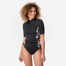 Women's UV-protective short sleeve T-shirt surf top 500 black and floral PARROT